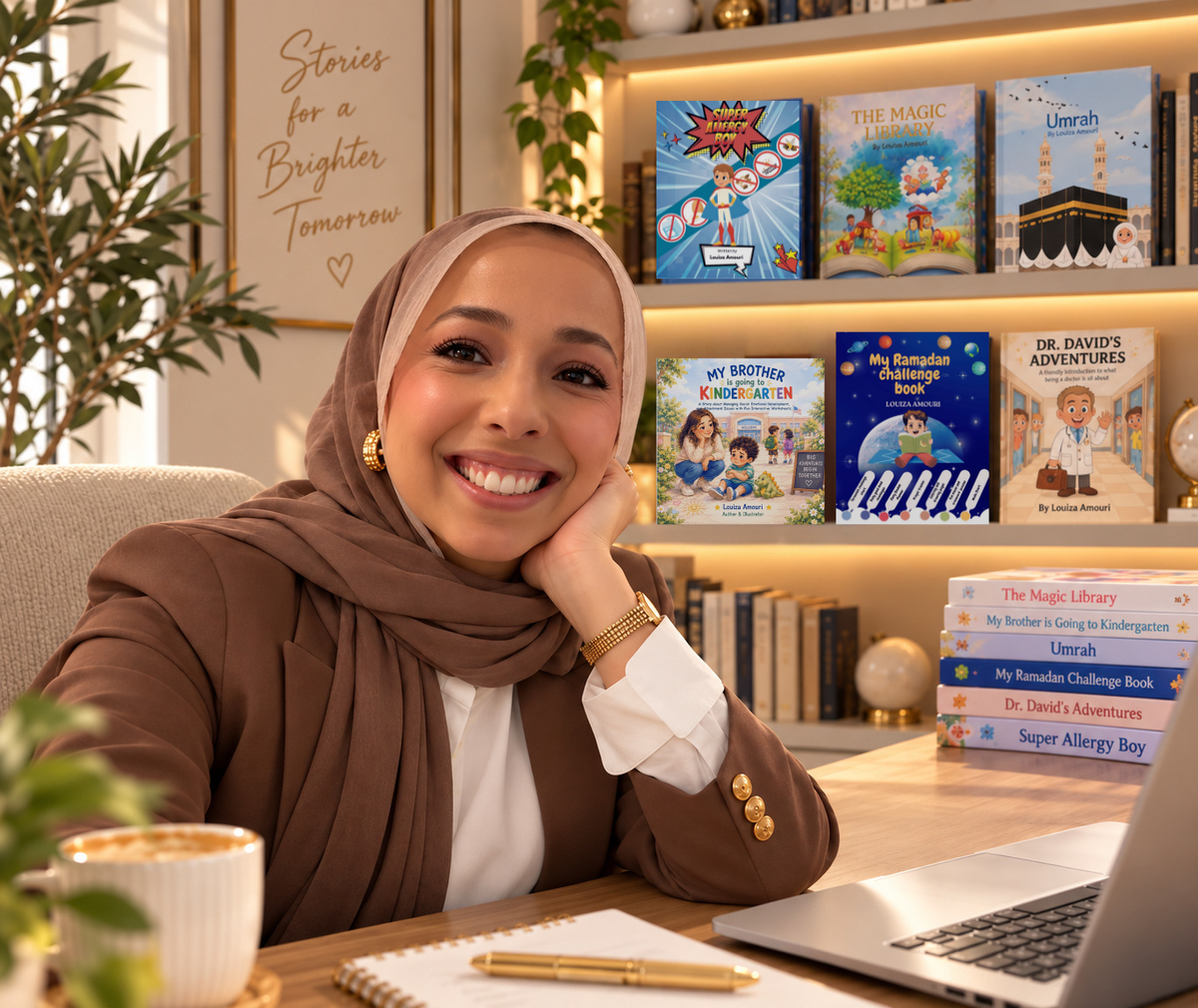 Louiza Amouri wearing a hijab, smiling beside her children's books